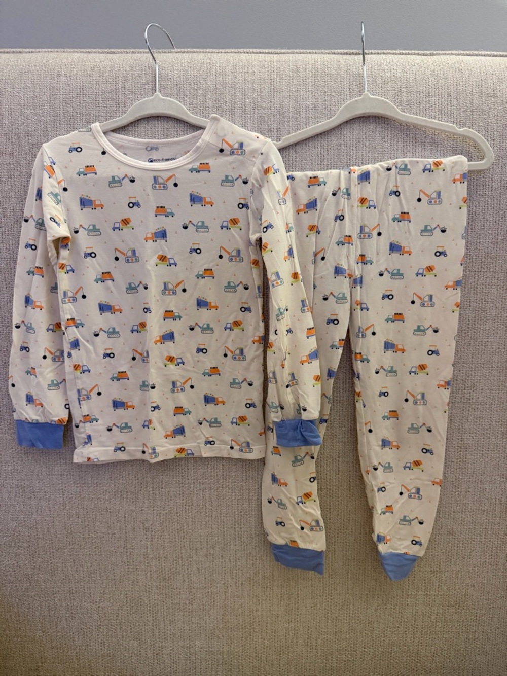 Magnetic Me Cream Construction-Print Pajama Set with Blue Cuffs